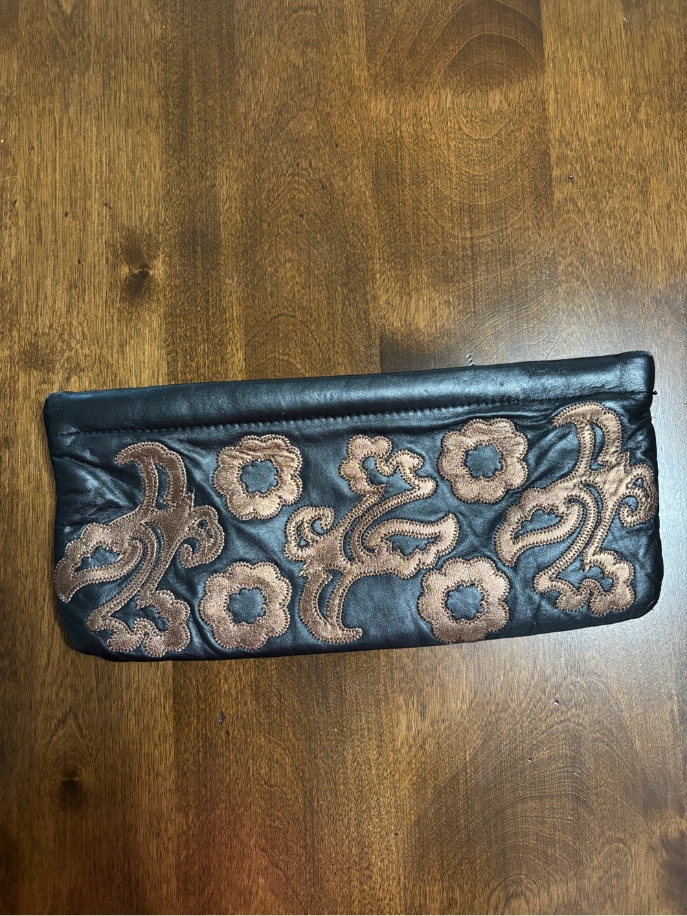 Women's Black Leather Clutch with Brown Floral Embroidery